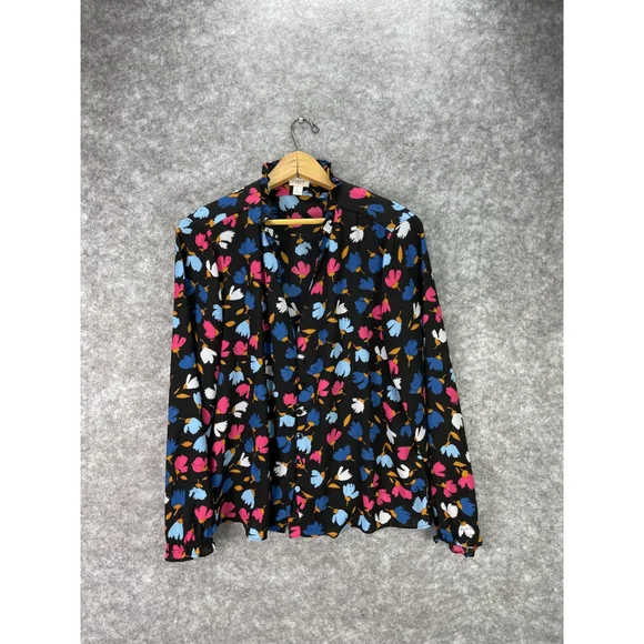 J Crew Blouse Womens Large Black Floral Mock Neck Ruffle Long Sleeve Top - Picture 1 of 10